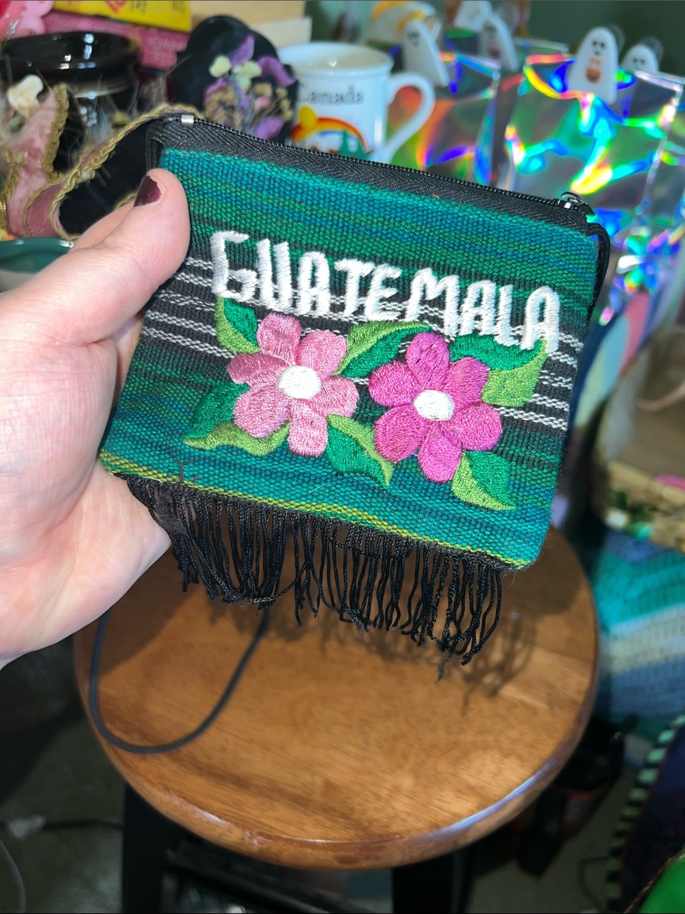 Guatemala Embroidered Floral Wristlet Pouch - Green and Pink - Picture 2 of 4